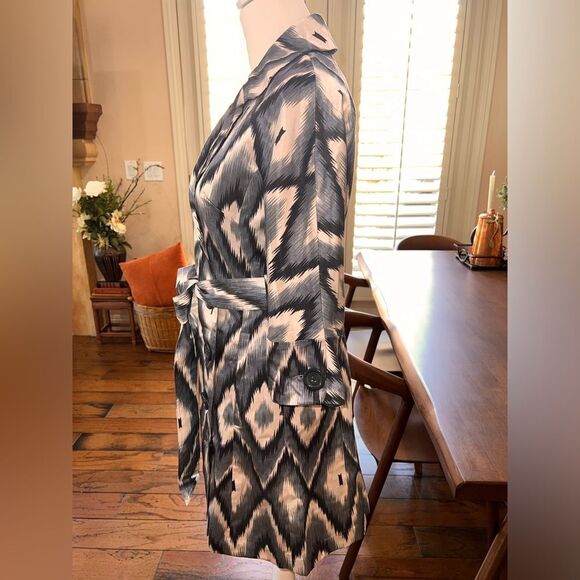 Vertigo Paris Belted Trench Coat XS Blue White Grey Ikat Print Double Breasted - Picture 5 of 8